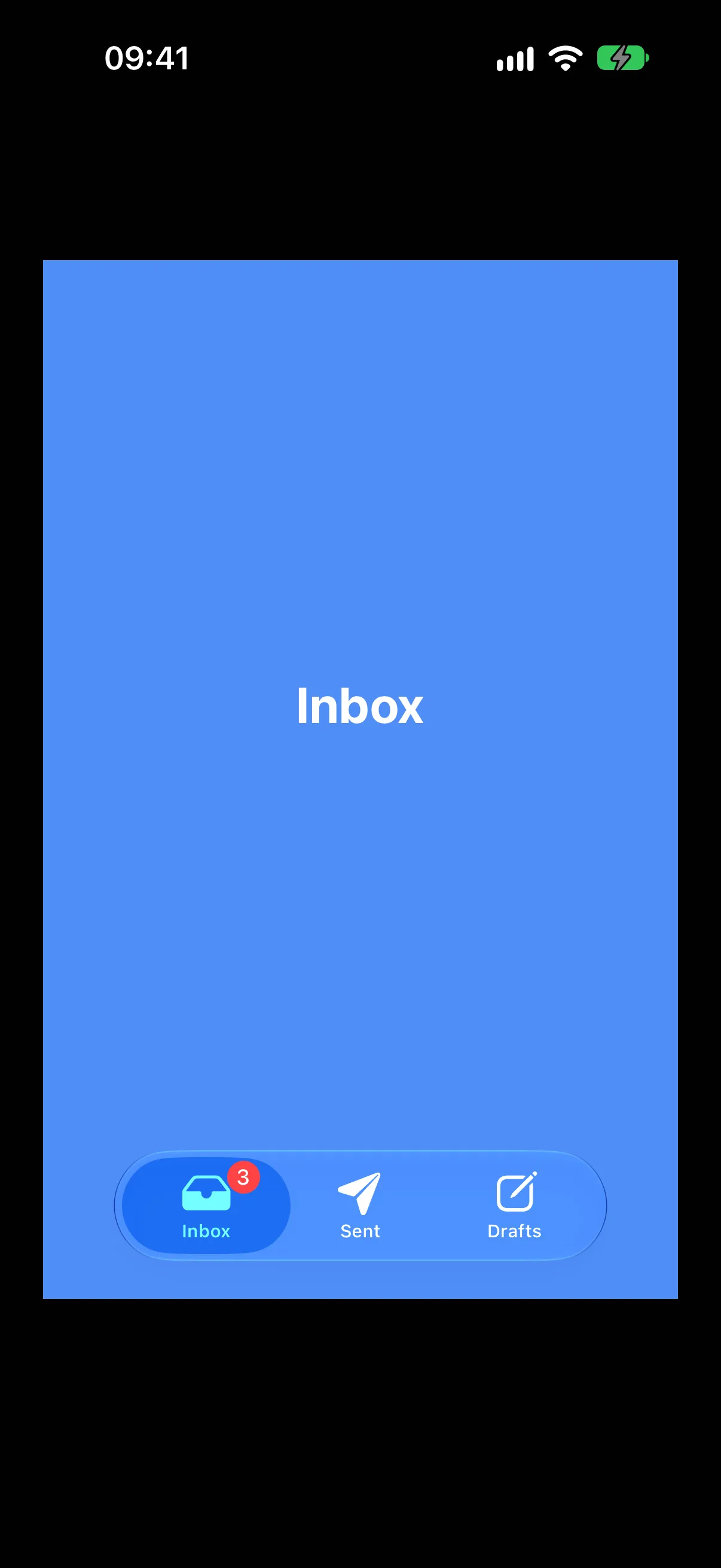 A blue Inbox page above a tab bar with Inbox, Sent, and Drafts, where Inbox carries a red badge reading 3