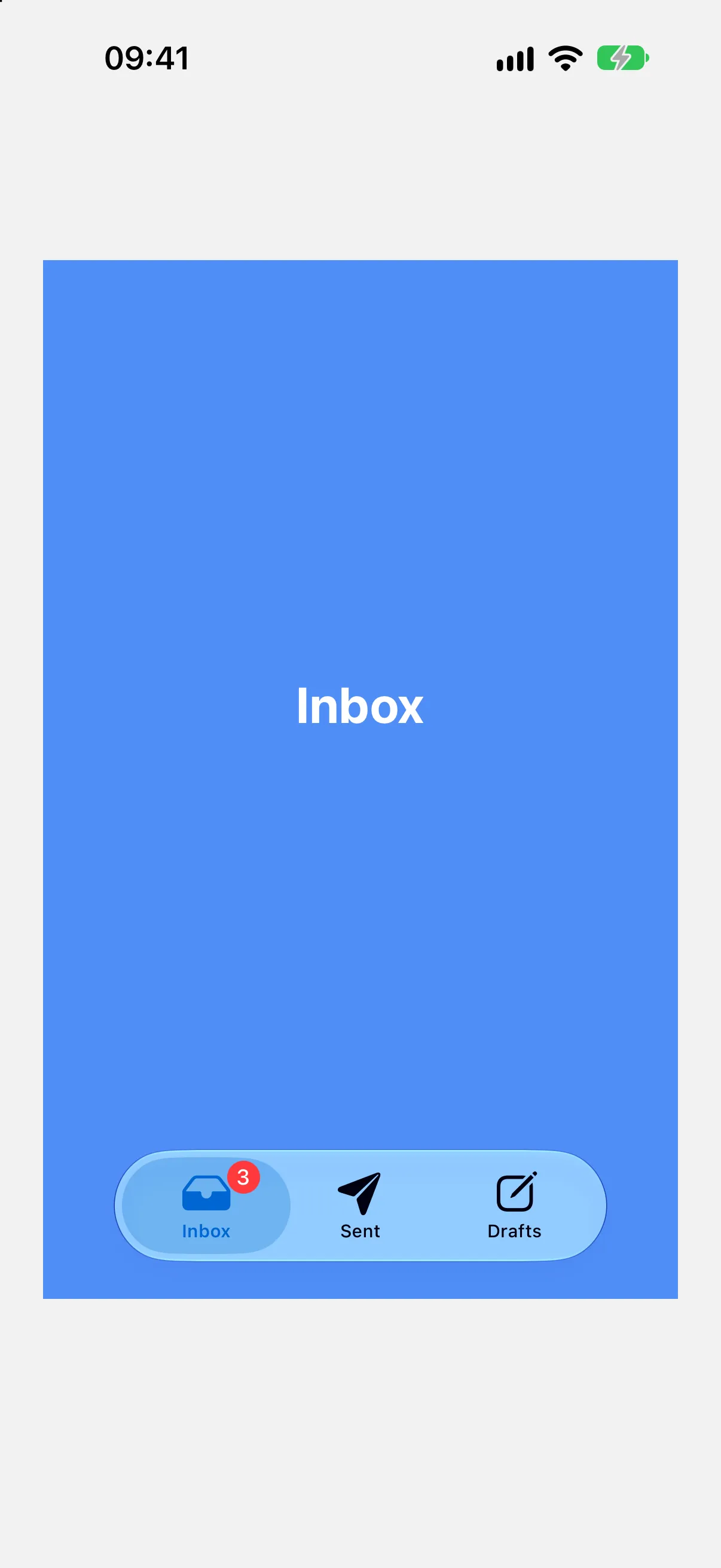 A blue Inbox page above a tab bar with Inbox, Sent, and Drafts, where Inbox carries a red badge reading 3