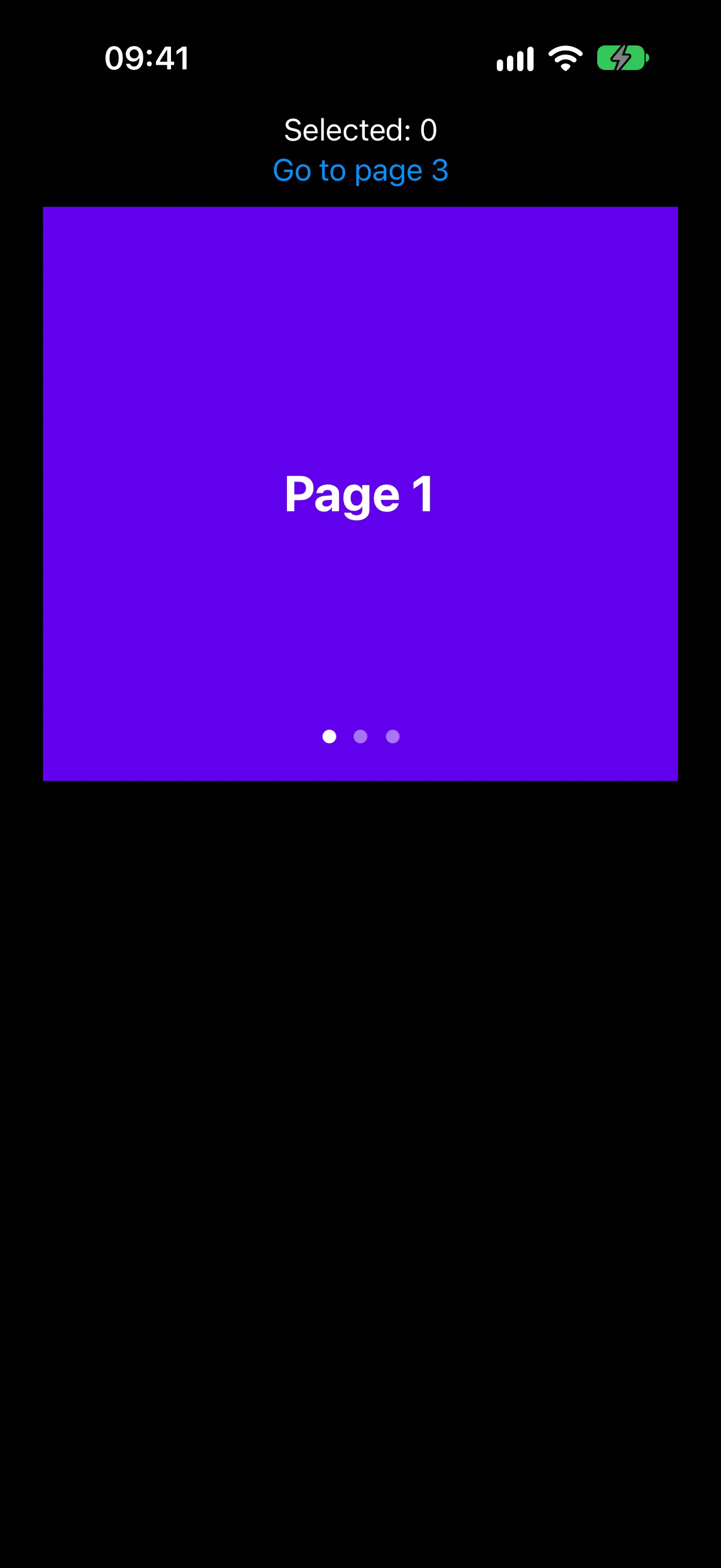 A Selected 0 readout and a Go to page 3 button above a purple pager page labeled Page 1