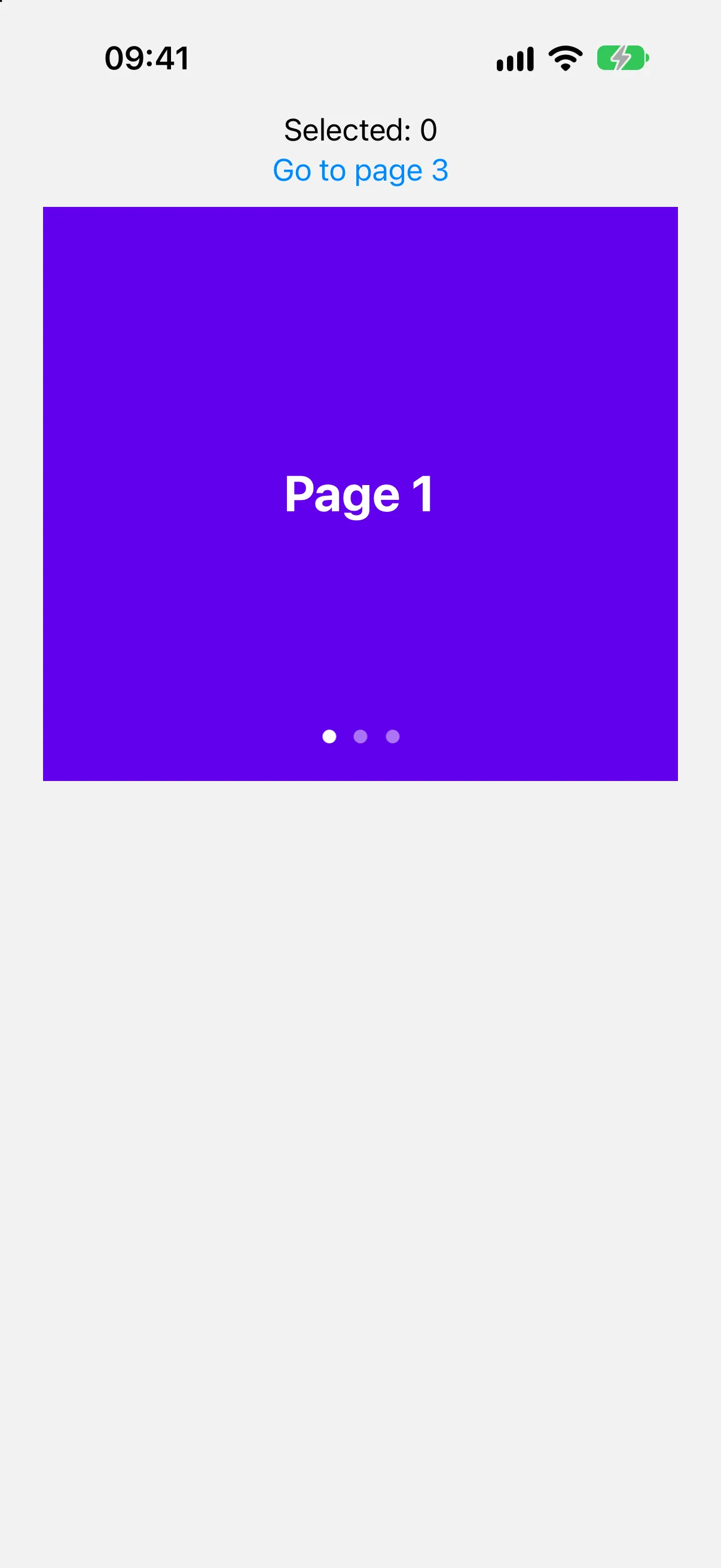 A Selected 0 readout and a Go to page 3 button above a purple pager page labeled Page 1
