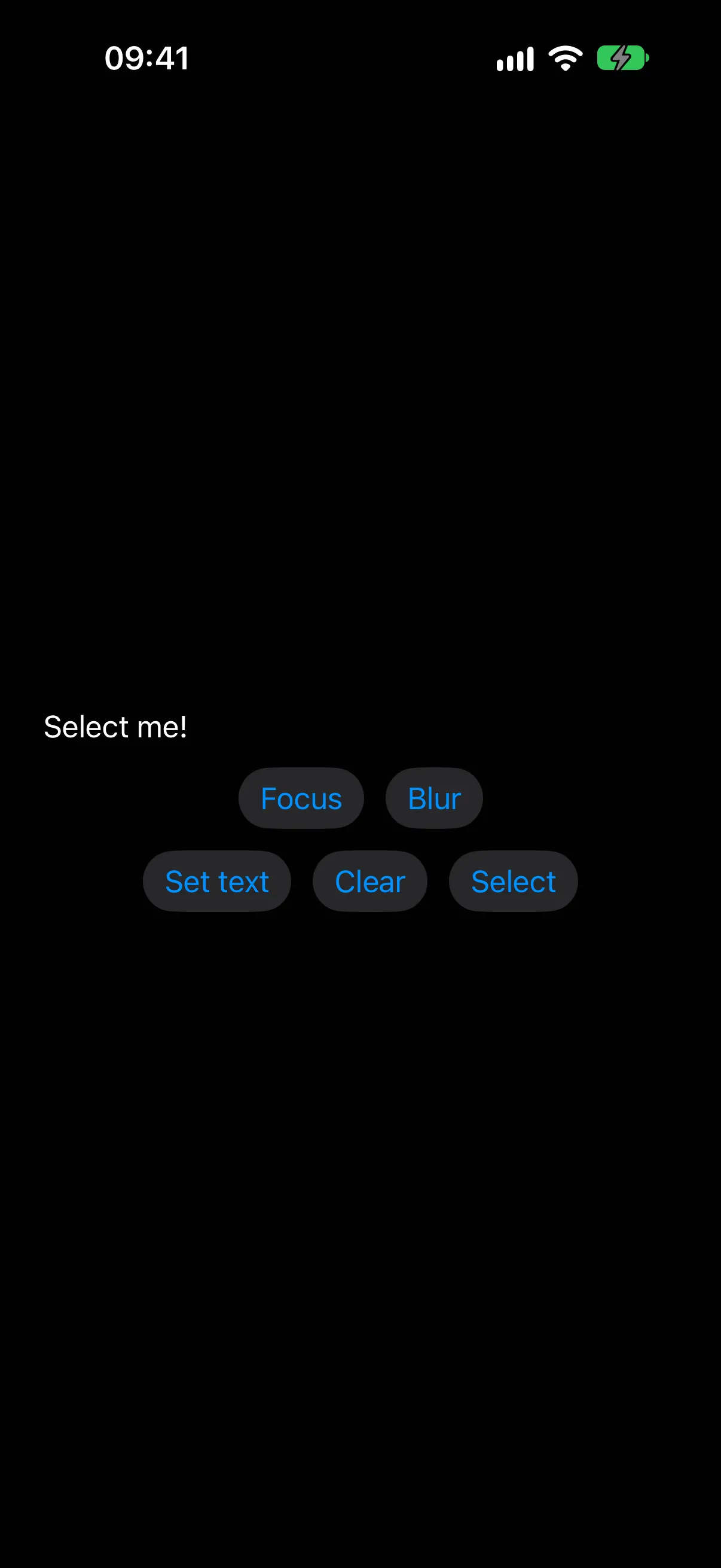 A text field reading Select me! above a row of Focus, Blur, Set text, Clear, and Select buttons
