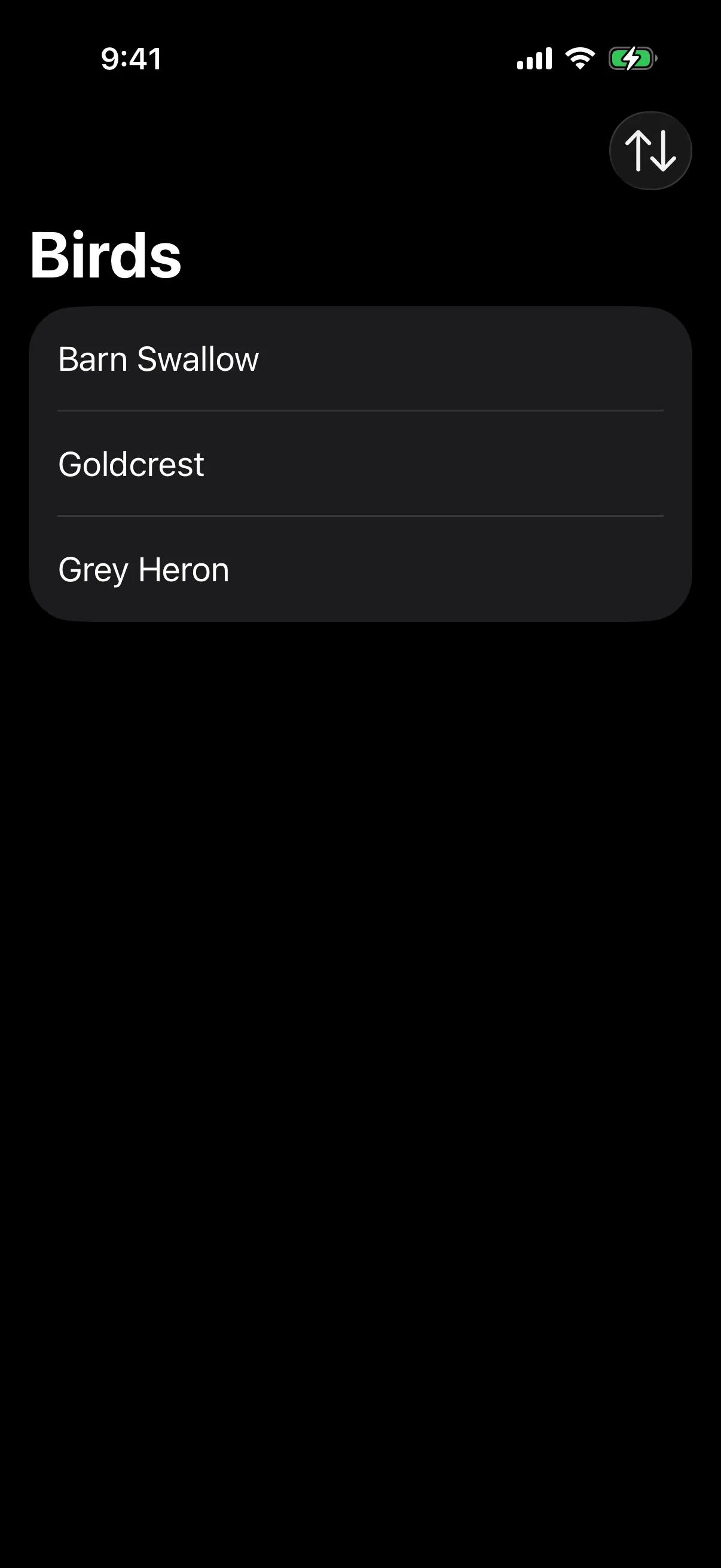 A Birds list with a sort button in the navigation bar