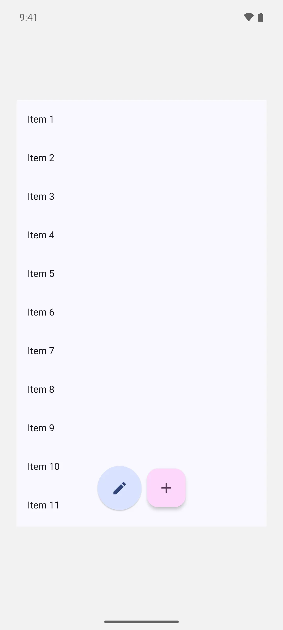 A floating toolbar with an edit button and an add button, centered over a scrollable list