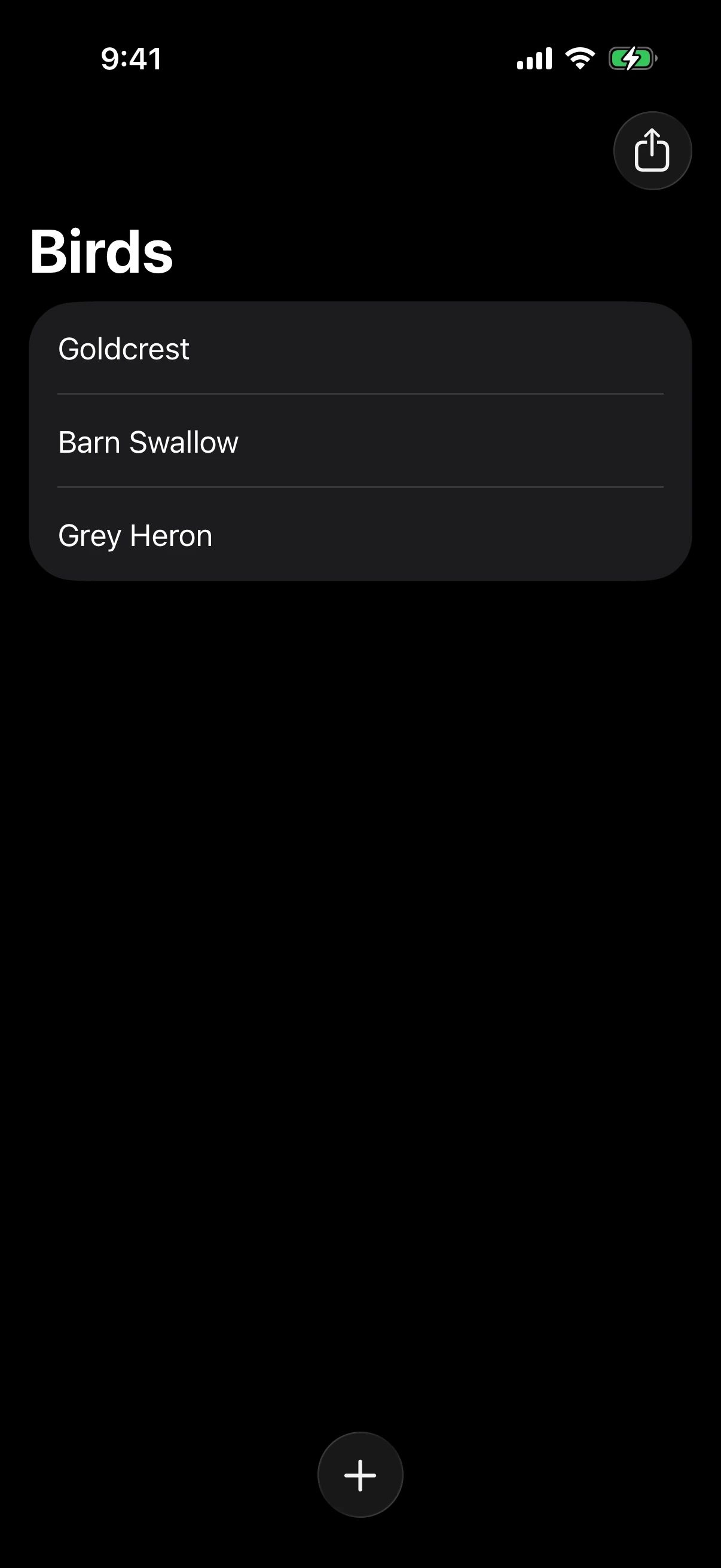 A Birds list with a share button in the navigation bar and an add button in the bottom bar