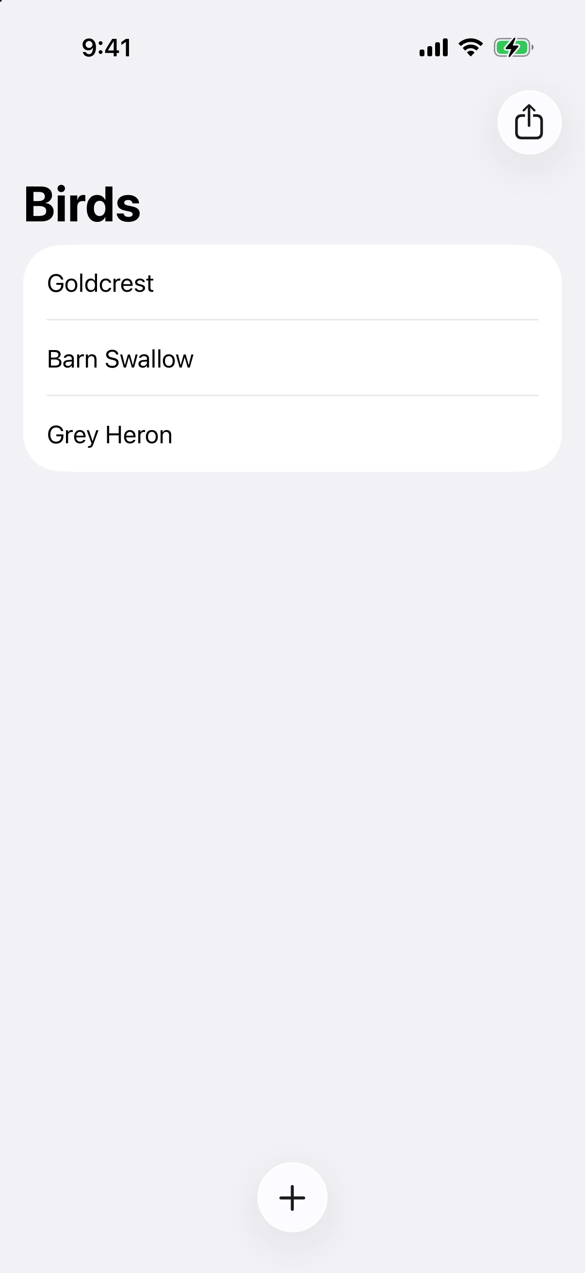 A Birds list with a share button in the navigation bar and an add button in the bottom bar
