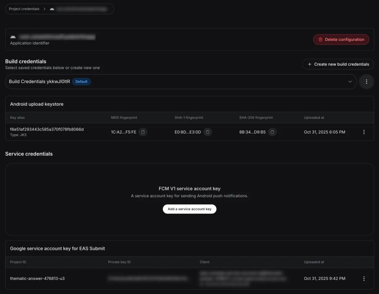 Google service account key for EAS Submit added under Service credentials in the EAS dashboard