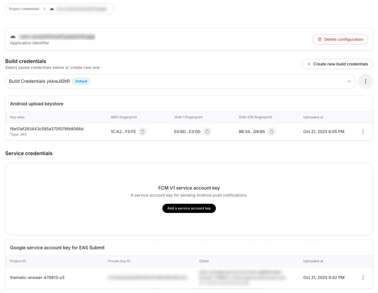 Google service account key for EAS Submit added under Service credentials in the EAS dashboard