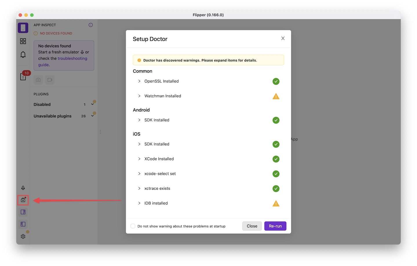 Setup Doctor modal in Flipper.